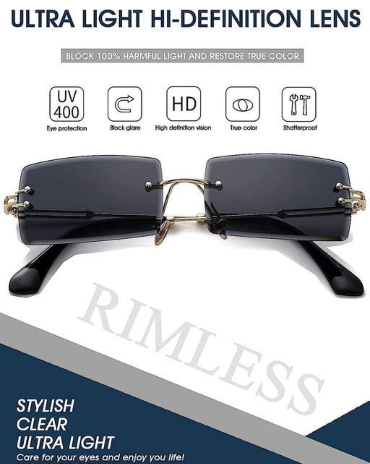 Bryxo Prism Rimless Square Sunglasses – Unisex Stylish (Blue Tint / Black Lens)