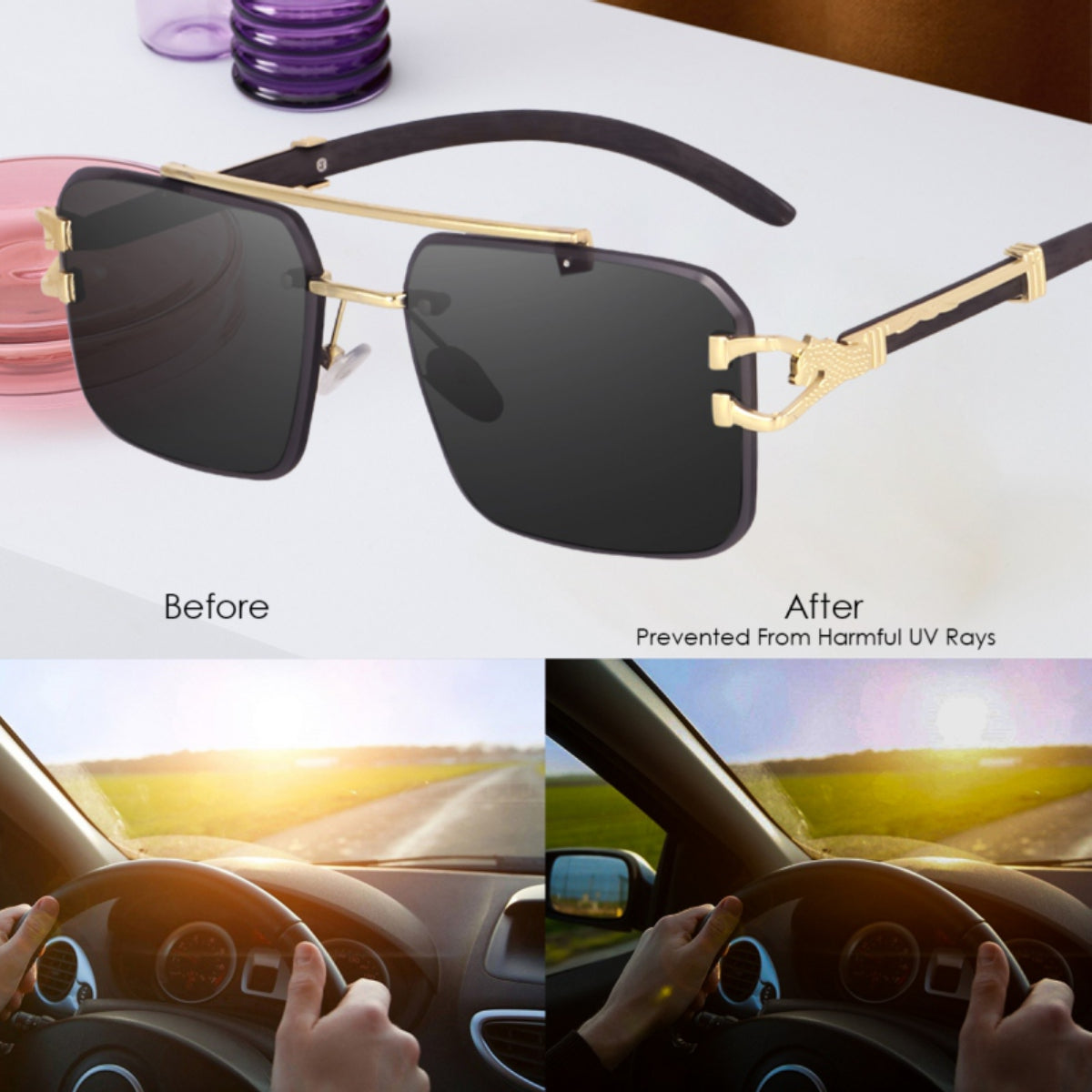 Bryxo Prestige Square Designer Sunglasses – Matte Black Gold (Unisex, UV400)