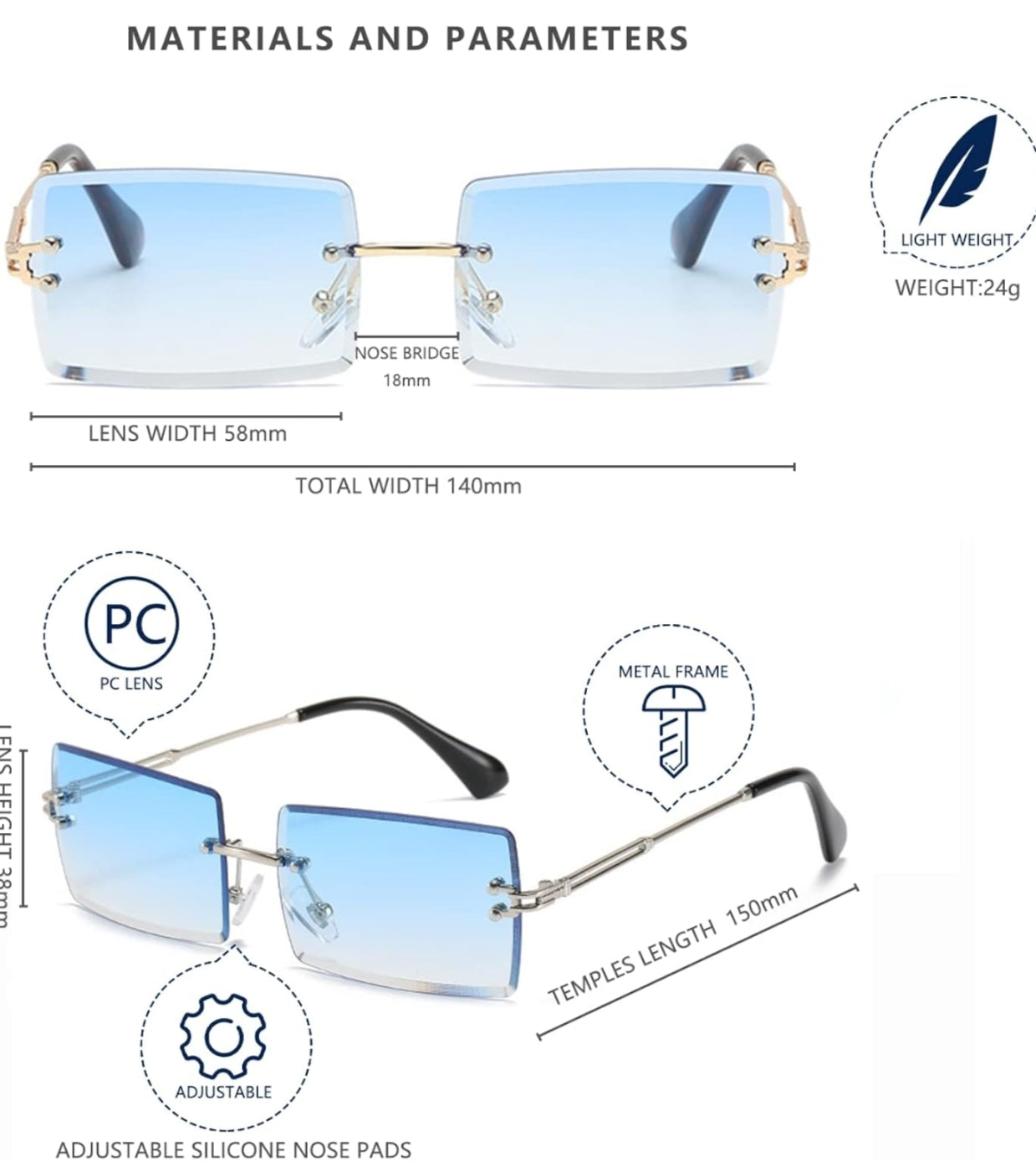 Bryxo Prism Rimless Square Sunglasses – Unisex Stylish (Blue Tint / Black Lens)