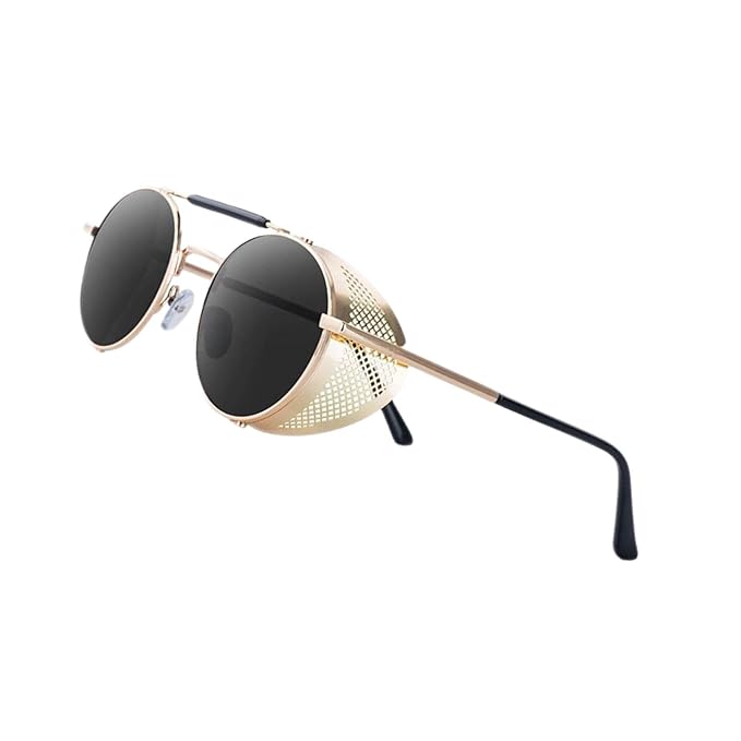 Bryxo Steampunk Round Sunglasses – Gold Metal Designer Side Shield